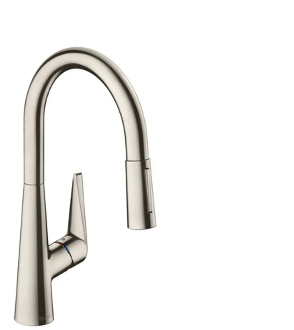 Hansgrohe Küchenarmatur mit hohem, geschwungenem Auslauf und einer ausziehbaren Brause. Der Griff für die Temperaturregelung befindet sich an der Seite.